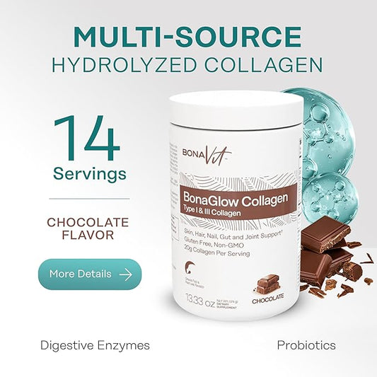 BonaGlow - Hydrolyzed Collagen Powder - Chocolate Flavor - 24 Servings - Type I & III with Vitamin C, Probiotics, and Digestive Enzymes - Skin, Nails, Hair - High Dosis of Collagen & Protein