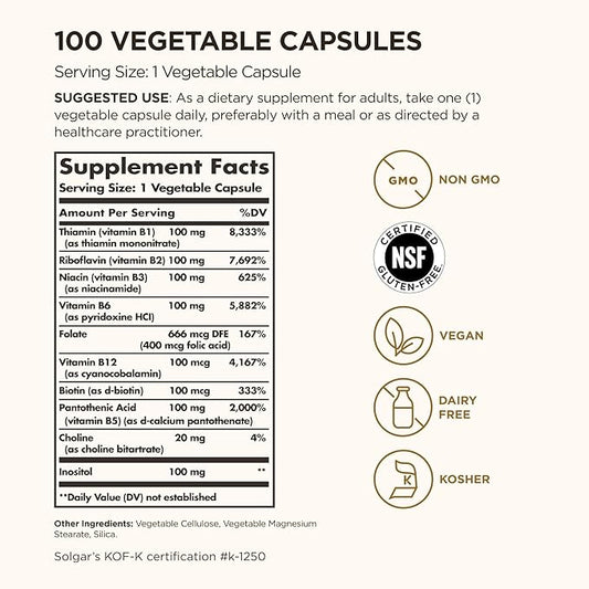 Solgar B-Complex "100", 100 Vegetable Capsules - Nervous System Support - Supports Energy Metabolism - Non-GMO, Vegan, Gluten Free, Dairy Free, Kosher - 100 Servings