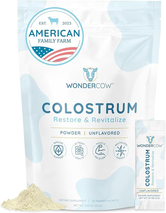 WONDERCOW Colostrum Supplement Powder for Gut Health, Immune Support, Muscle Recovery & Wellness | Natural IgG Pure Whole Bovine Colostrum Superfood, Unflavored, 30 Servings