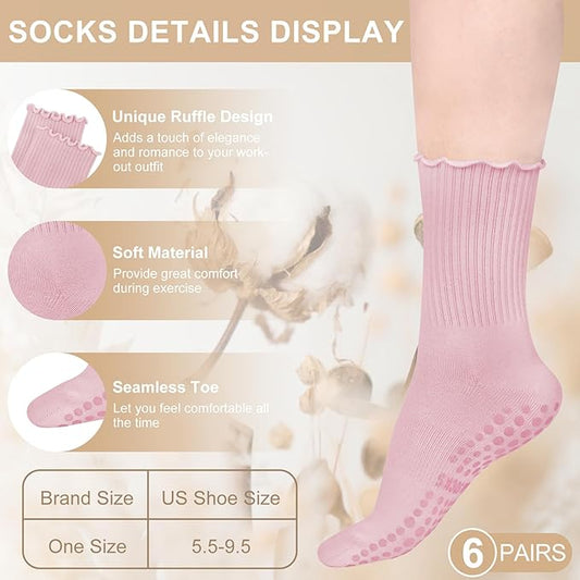Justay 6 Pairs Womens Pilates Socks with Grips Crew Non Slip Ruffle Cotton for Athletic Workout Barre Hospital Yoga Socks