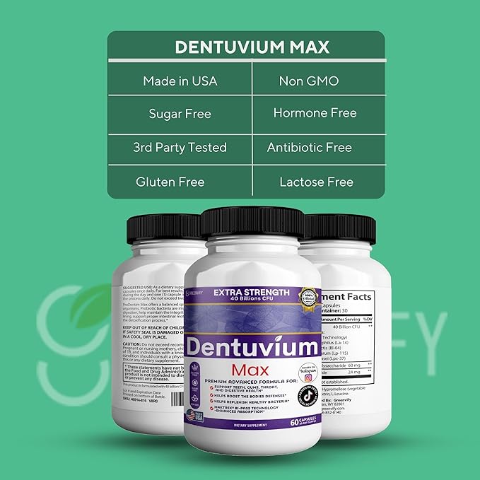 Dentuvium Max Probiotic Supplement - 40 Billion CFU - Supports Teeth Gums Throat Digestive Health - Gluten Free Sugar Free Non-GMO - 60 Capsules (5)
