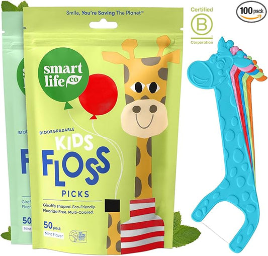 SmartLifeco Eco-Friendly Kids Flossers (100ct) - The Original Straw Wheat Dental Floss Picks for Children, Fluoride & PFA Free, Toothpick Flossing Sticks for Toddlers Teeth, No Shred Thread, Mint