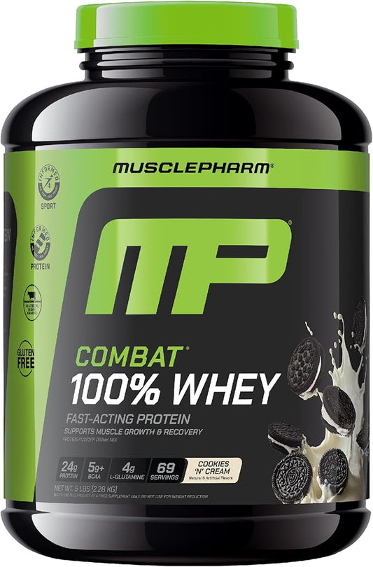 MusclePharm Combat 100% Whey Protein Powder, Cookies ‘N’ Cream Flavor, Fast Recovery & Muscle Gain with Whey Protein Isolate, High Protein Powder for Women & Men, Gluten Free, 5 lb, 69 Servings