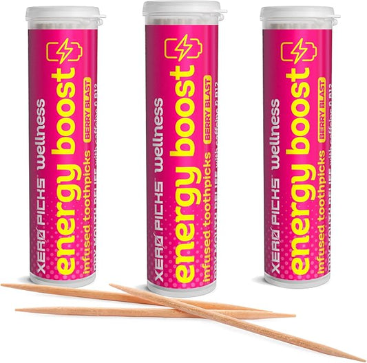 Xero Picks Wellness - Infused Flavored Toothpicks for Long Lasting Fresh Breath & Dry Mouth Prevention - 60 Picks - 3 Pack - Berry Blast - Caffeine Energy Boost