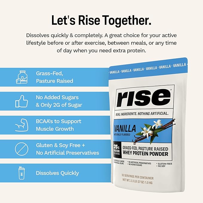 Rise Grass-Fed Whey Protein Powder - Vanilla | 25g Protein No Artificial Flavors, Colors, or Preservatives - Sugar Free, Gluten-Free, Soy Free (Single Serving, 1 Pack)