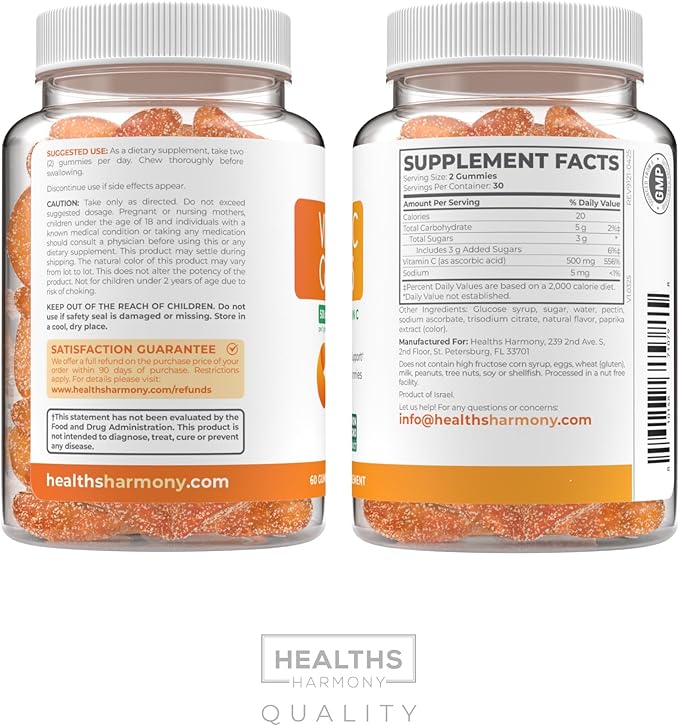 Vegan Vitamin C Gummies for Adults - Immune Support Gummies with Chewable Vitamin C 500mg per Serving for Daily and Seasonal Wellness - High Potency Non-GMO Formula - Orange Flavor (1 Month Supply)