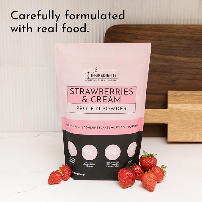 JUST INGREDIENTS Strawberries & Cream Protein Powder – 20-Serving Blend with 100% Grass-Fed Whey & Organic Plant Proteins – Real Strawberry Flavor – Supports Muscle Recovery, Energy*