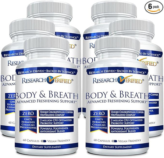 Research Verified Body & Breath Natural Deodorant & Freshener - Bad Breath & Body Odor Supplement - 60 Count (6 Months Supply)