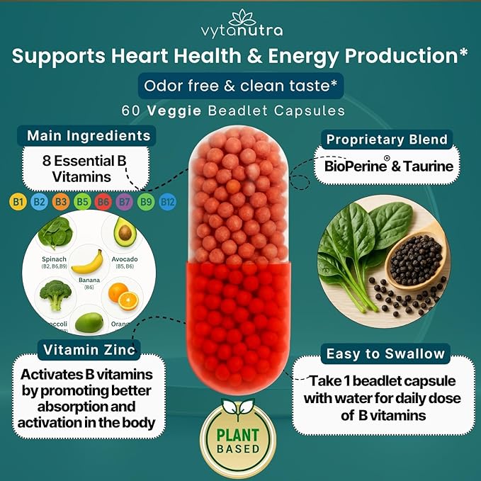 Plus B 11-in-1 Beadlet Capsule – Complete B-Complex with B1, B2, B3, B5, B6, B7, B9, B12 – Timed Release for Energy, Vitality, Brain, Heart, Immune, Mood, & Overall Wellness