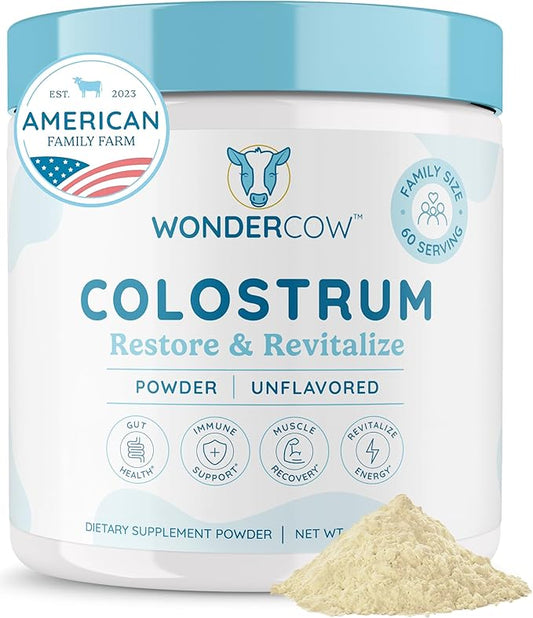 WONDERCOW Colostrum Supplement Powder for Gut Health, Immune Support, Muscle Recovery & Wellness | Natural IgG Pure Whole Bovine Colostrum Superfood, Unflavored, 60 Servings