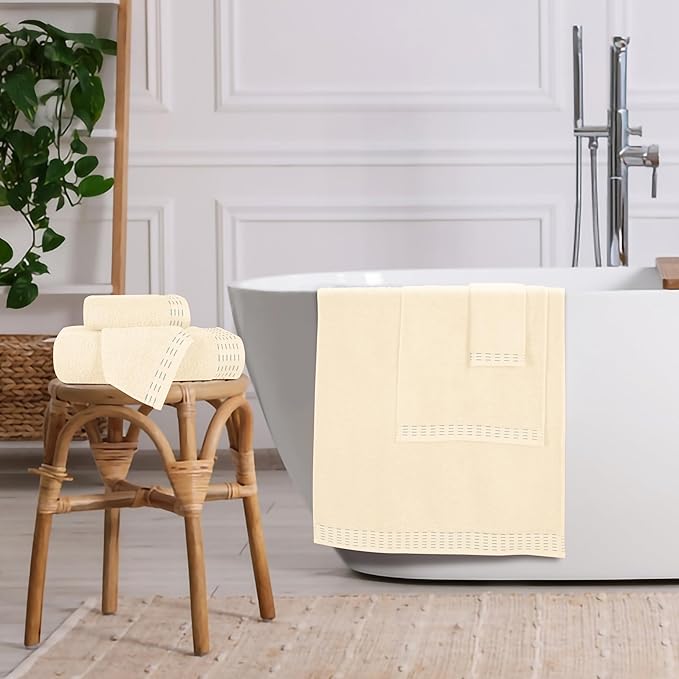 Ultra Soft 6 Pack Cotton Towel Set, Contains 2 Bath Towels 28x55 inch, 2 Hand Towels 16x24 inch & 2 Wash Coths 12x12 inch, Ideal Everyday use, Compact & Lightweight - Ivory