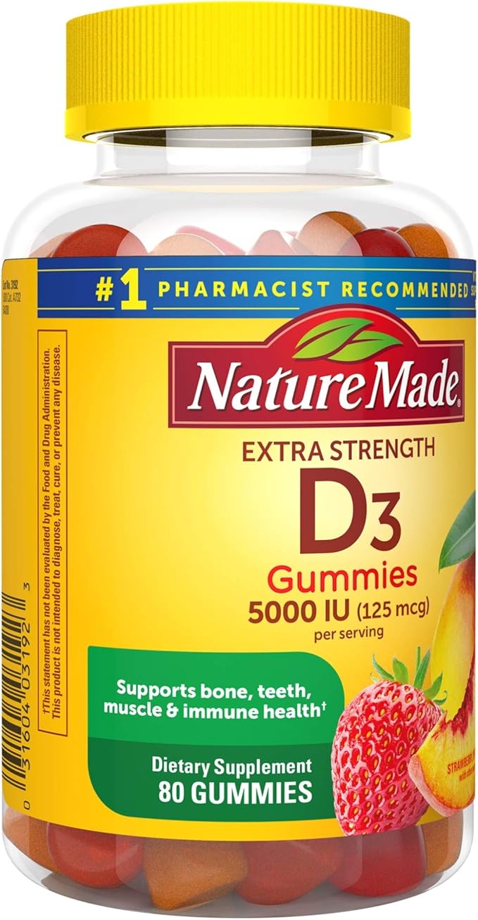 Nature Made Vitamin D3 5000 IU Per Serving Gummies Extra Strength, Bone and Immune Health Support, 80 Vitamin D Gummies for Adults, 40 Day Supply