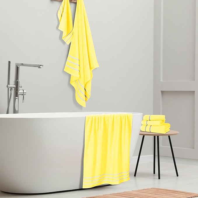 MyOwn Ultra Soft 6 Pack Cotton Towel Set, Contains 2 Bath Towels 28x55 inch, 2 Hand Towels 16x24 inch & 2 Wash Coths 12x12 inch, Ideal Everyday use, Compact & Lightweight - Lime Yellow, 71647