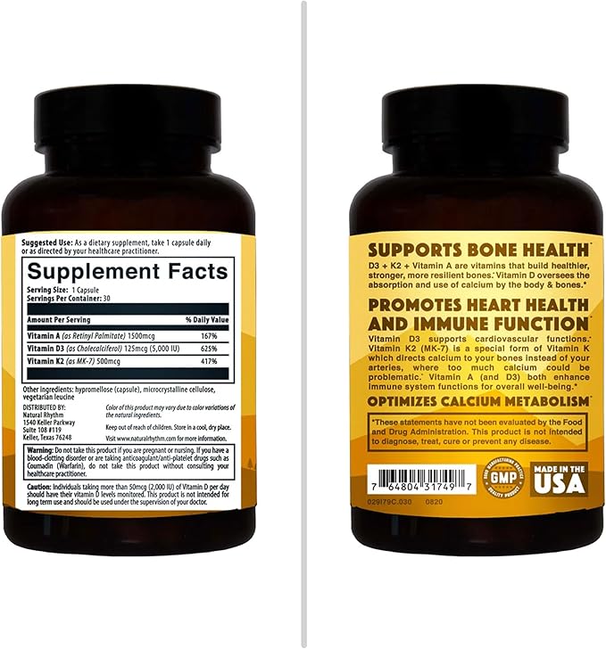 Natural Rhythm Vitamin D3 + K2 (MK7) Plus Vitamin A, for Bone, Heart, & Immune Health, 30 Capsules