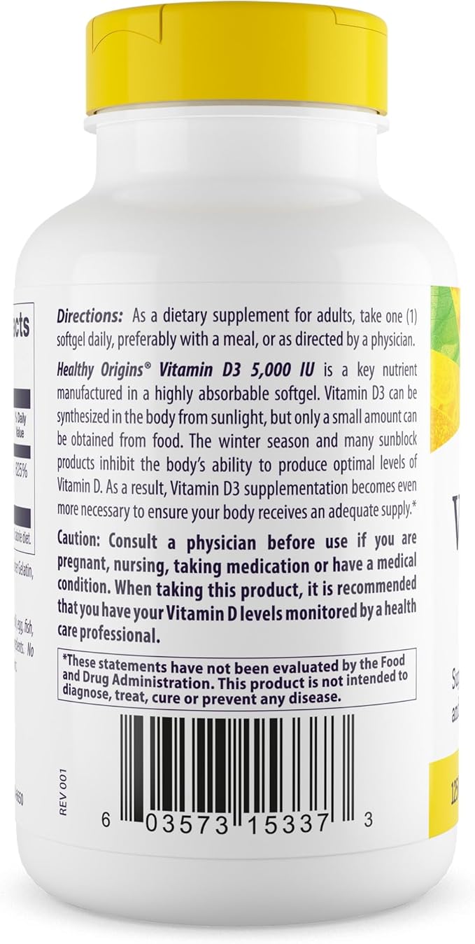 Healthy Origins Vitamin D3 (Lanolin) 5,000 IU Softgel - Bone Health and Immune Support Supplement - Easily Absorbable Vitamin D Supplements - Gluten-Free Vitamin D3 Supplement - 360 Softgels