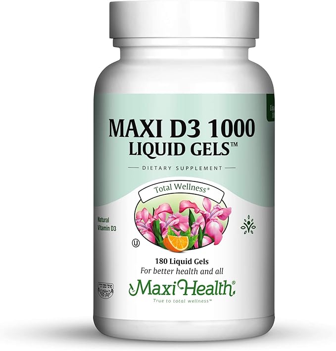 Maxi Health Vitamin D3 1000 IU Dietary Supplement - Easy to Swallow - Odorless & Tasteless - Supports Calcium Absorption, Immune Health and Bone Health in Adult Women & Men - 180 Liquid Gels