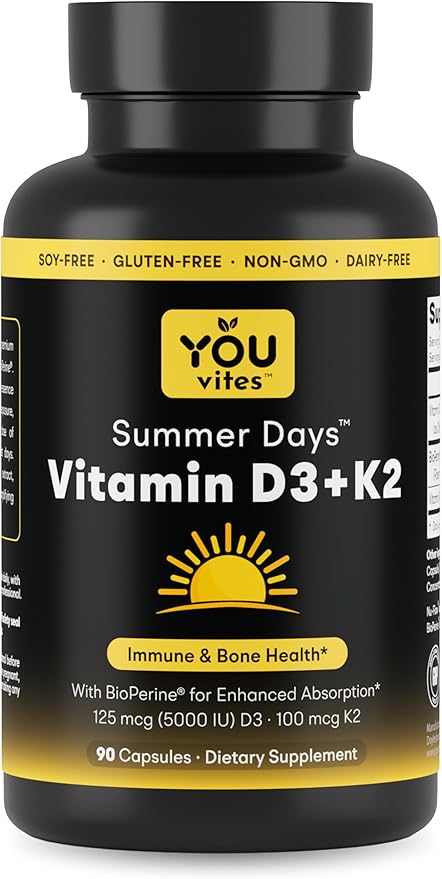 Vitamin D3 + K2 - Max Absorption, 5000 IU D3 & 100 mcg K2 MK-7 (Menaquinone-7) with BioPerine - Bone, Heart & Immune Support - Non-GMO, Gluten Free, Soy Free - 90 Capsules - Daily Supplement