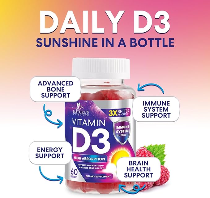 Vitamin D3 Gummy 5000 IU (125 mcg) - Dietary Vitamins D Supplement for Women & Men - Bone, Teeth, Muscle & Immune Health Support, High Potency VIT D3 Nature's Non-GMO & Gluten Free - 60 Gummies