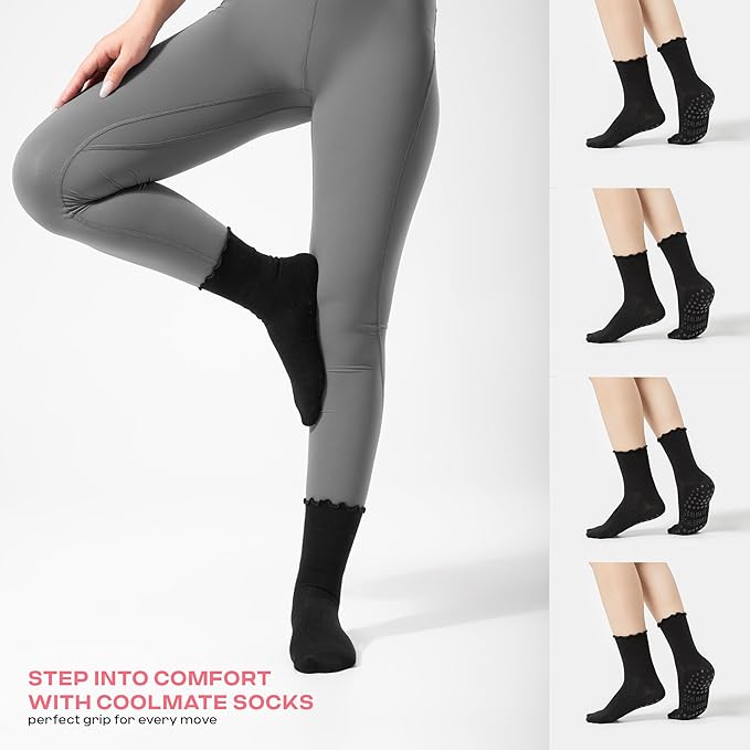 CoolMate 2/3/4 Pairs Pilates Socks with Grips for Women, Cute Yoga Socks, Crew Non Slip Women for Barre, Pilates Gifts