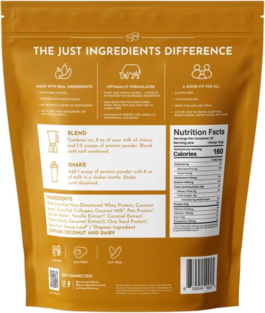 JUST INGREDIENTS Salted Caramel Protein Powder – 30-Serving Blend with 100% Grass-Fed Whey & Organic Plant Proteins – Naturally Flavored – Supports Muscle Recovery, Energy *