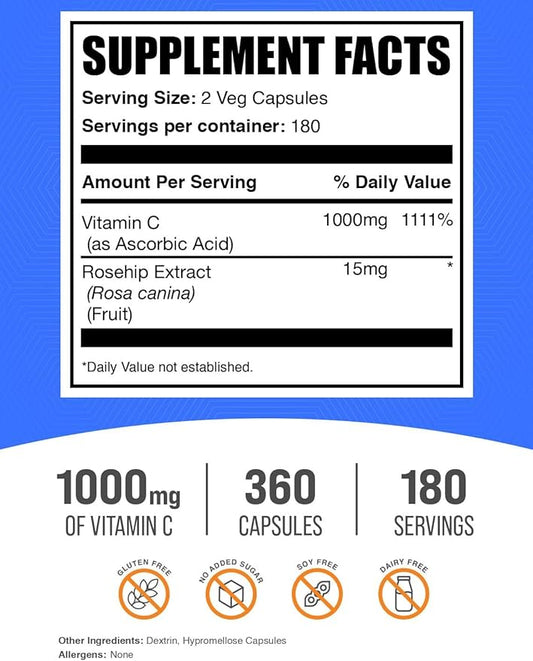 BulkSupplements.com Vitamin C with Rose HIPS Capsules - Vitamin C 1000mg & Rose HIPS 15mg, for Immune Support - Vegan, 2 Capsules per Serving, 360 Count (Pack of 1)