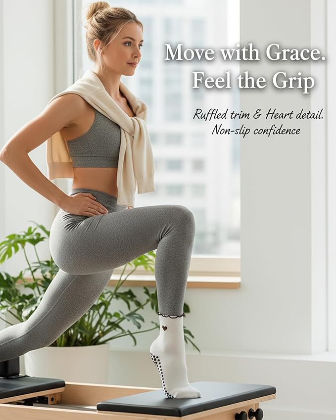 3 Pairs Pilates Socks with Grips Non-slip Ruffle Cute Heart Yoga Grip Sock for Women