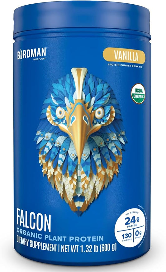 BIRDMAN Falcon Organic Vegan Protein Powder Vanilla, 24g Protein, Sugar Free, Probiotics, Low Carb, Keto Friendly, Dairy Free, Lactose Free, Non Whey, Plant Based Pea Protein Powder - 18 Servings
