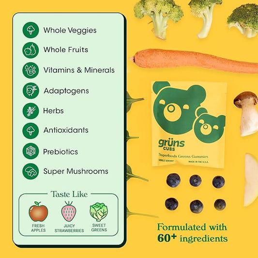 Gruns Kids Vitamins, Super Greens Gummies - Superfood Gummy Bears with Spirulina, Chlorella, 20+ Vitamins & Minerals, Prebiotics Fiber for Digestive Health, Adaptogens Supplement, 28 Day Supply