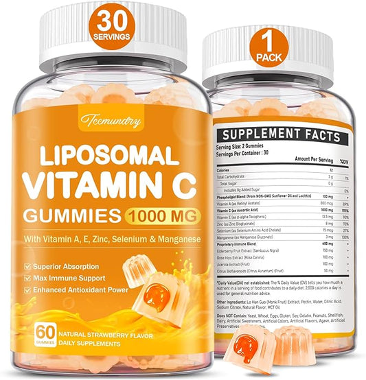 Liposomal Vitamin C Gummies 1000mg for Adults: Vitamin C Chewable Gummy with Zinc, Elderberry, Vitamins A & E