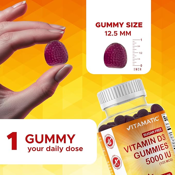 Vitamatic Sugar Free Vitamin D3 5000 IU - 120 Gummies - Great Taste - Healthy Bones, Mood & Immune System Function - Non-GMO - 120 Servings (5000 IU)