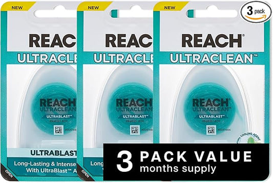 REACH® ULTRACLEAN ULTRABLAST, Cool Mint Dental Floss, Plaque Remover for Teeth, Shred Resistant, Waxed, Easy on Gums & Teeth, Fresh Breath, Oral Care, PFAS Free, for Adults & Kids, 3 PK, 25 YD