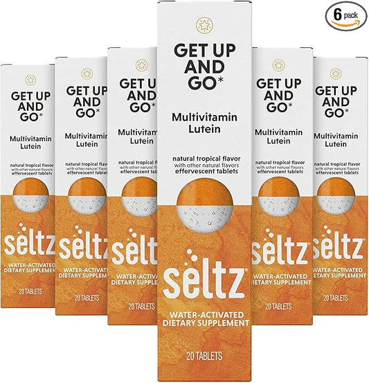 Seltz® Water-Activated Vitamins - Get Up and Go with Multivitamin and Lutein – Natural Tropical Flavor Dietary Supplement - 6 Packs x 20 Effervescent Tablets Each