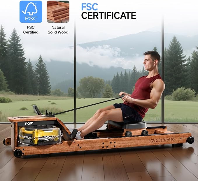 Water Rowing Machine for Home, Foldable Rower Machines with Comfortable Seat and Quick-Folding Design, Wooden Water Rowering with 350LBS Weight Capacity