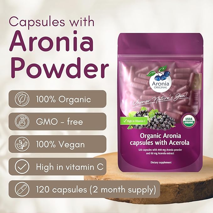 Aronia Berry Capsules Organic (60 Servings) | 17,600 mg Fresh Aronia Berries Equivalent & 120 mg Acerola Cherry Extract per Serving | High in Vitamin C & Antioxidants | Black Chokeberry Supplement