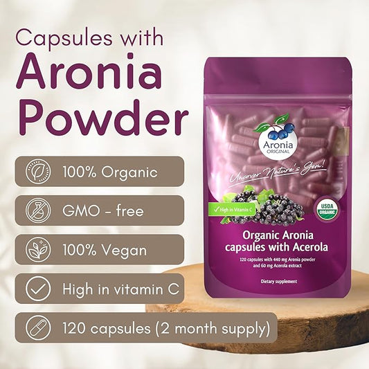Aronia Berry Capsules Organic (60 Servings) | 17,600 mg Fresh Aronia Berries Equivalent & 120 mg Acerola Cherry Extract per Serving | High in Vitamin C & Antioxidants | Black Chokeberry Supplement