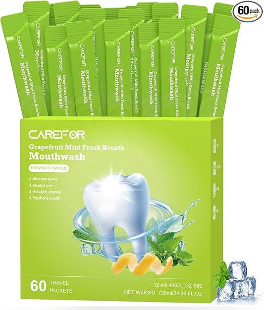 Travel Size Mouthwash Packets – Individual Mini, Alcohol & Fluoride Free, Grapefruit Mint Flavor, Mouthwash to Go for On-The-Go Freshness, Bulk Packets 0.41 Fl Oz