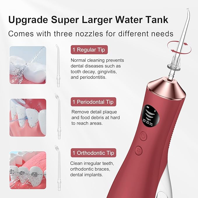 Water Dental Flosser for Teeth, Portable Cordless Water Flosser with 300ML Rechargeable with Type-C, IPX7 Waterproof Water Flossers for Adults with 3 Intensity Modes and 3 Flossing Tips