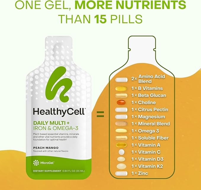 Healthycell Vegan Daily Multivitamin Liquid Supplement with Iron and Omega-3, 25+ Essential Vitamins, Minerals & Nutrients for Brain & Heart Health, Immune Support & Energy - 30 Gel Packs