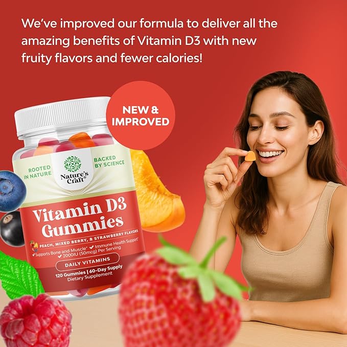 Natures Craft Vitamin D3 Gummies for Daily Wellness - Delicious Vitamin D Gummies for Adults with D3 2000IU per Serving Bone Muscle & Immune Support - Non-GMO Gelatin & Gluten Free (60 Day Supply)