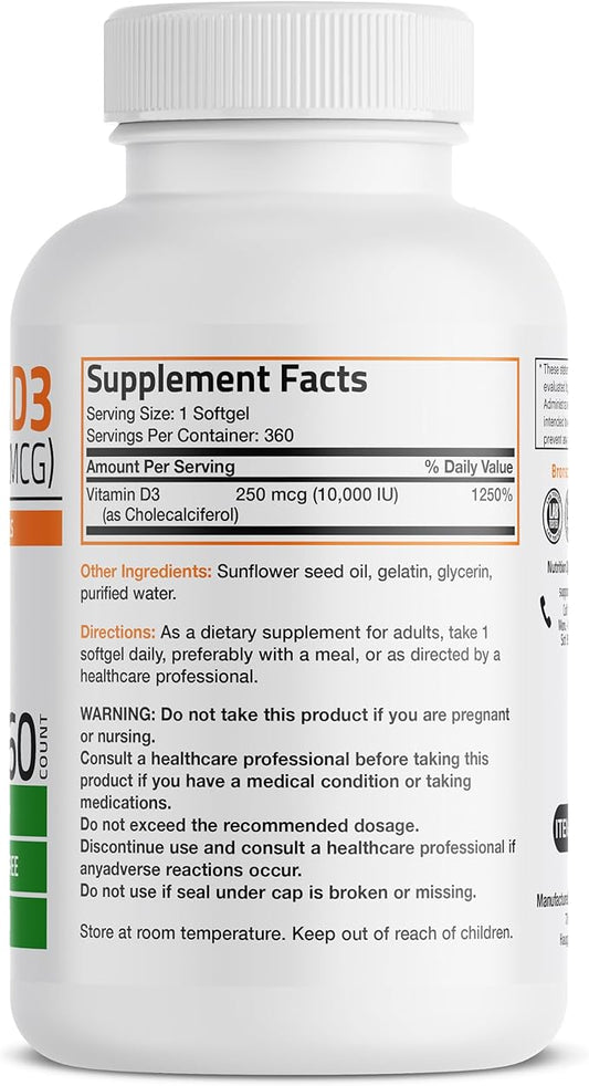 Bronson Vitamin D3 10,000 IU (250 mcg) High Potency - Supports Healthy Immune System, Strong Bones, Muscles & Teeth - Non GMO, 360 Softgels (1 Year Supply)