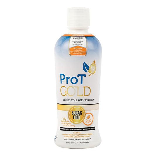 ProT Gold Liquid Collagen Protein Shot, 17g Clear Protein Nano-Hydrolyzed Grass Fed Collagen, 2g Arginine for Wound Support, Gluten Free, Sugar Free, 0g Carbs, Non GMO, Orange Creme, 30 fl oz Bottle