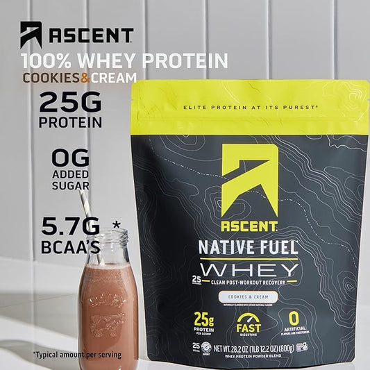 Ascent 100% Whey Protein Powder - Post Workout Whey Protein Isolate, Zero Artificial Flavors & Sweeteners, Gluten Free, 5.5g BCAA, 2.6g Leucine, Essential Amino Acids, Cookies & Cream 1.7 lb