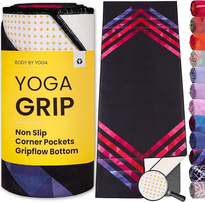 Yoga Grip Yoga Towel - Non Slip Hot Yoga Mat Towel With Corner Pockets, No-Skid Grip, and Built-in Alignment Lines | Soft, Moisture Wicking, and Sweat Absorbent | No Bunching, Stays in Place 72" x 25"