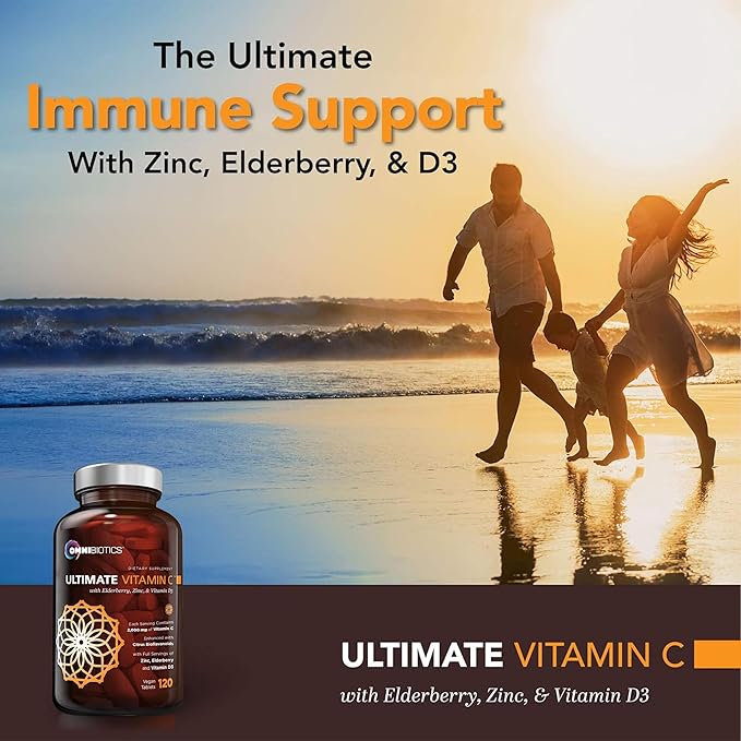 OmniBiotics Ultimate Vitamin C Supplement 2000mg – with Zinc, Elderberry Extract, and D3 – High Potency Immune Support & Collagen Booster – 120 Vegan Tablets