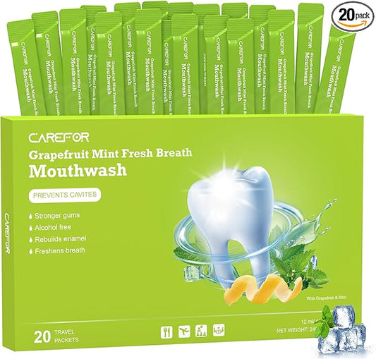 Travel Size Mouthwash Packets – Individual Mini, Alcohol & Fluoride Free, Grapefruit Mint Flavor, Mouthwash to Go for On-The-Go Freshness, Bulk Packets 0.41 Fl Oz