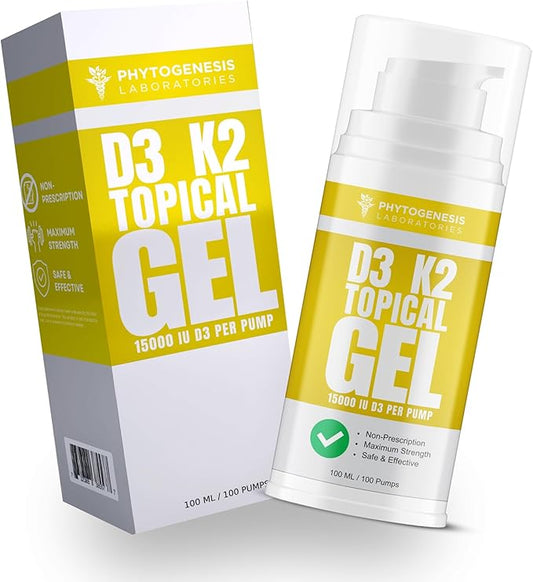Vitamin D3 K2 Maximum Strength Topical Gel - 15000+ IU Per Pump - The Sunshine Vitamin - Supports Bone & Joint Health, Immune Support - One Month Supply