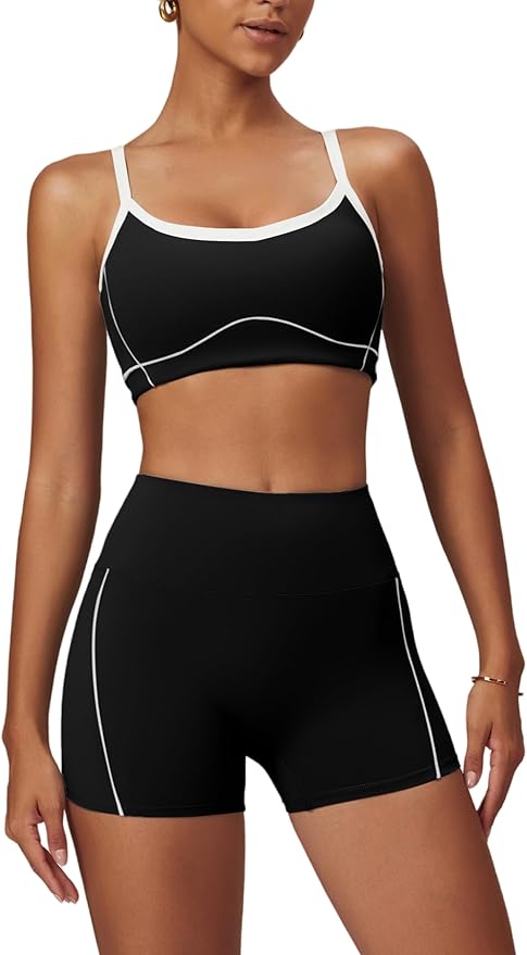 Workout Sets for Women 2 Piece Contrast Panel Sports Bra Tummy Control Butt lifting Shorts Jogger Outfits ﻿