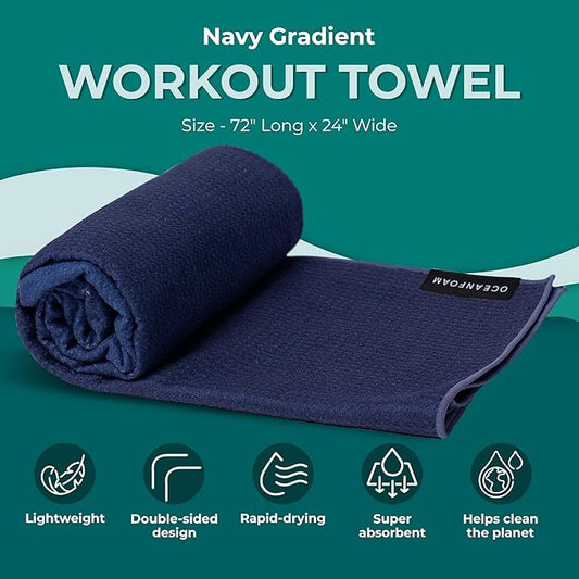 Oceanfoam Beach Towel – Lightweight, Absorbent, Quick-Drying, Sand-Resistant, Non-Slip – Ideal for Workouts, Yoga, Pilates, Beach, Pool, Boat & Travel – 25% Recycled – 72"x24" (Navy Gradient)