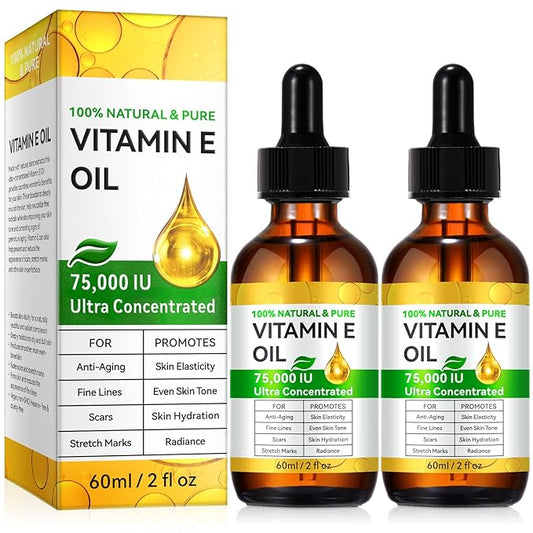 Tiuedu 2PCS Natural Vitamin E Oil for Skin, 75,000 IU Ultra Concentrated Vitamin E Oil for Face, Hair and Scars, Moisturizing Dry Skin Oils, Promotes Skin Elasticity