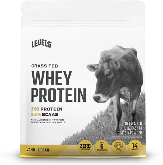 Levels Grass Fed Whey Protein Powder, No Artificials, 24G of Protein, Vanilla Bean, 1LB